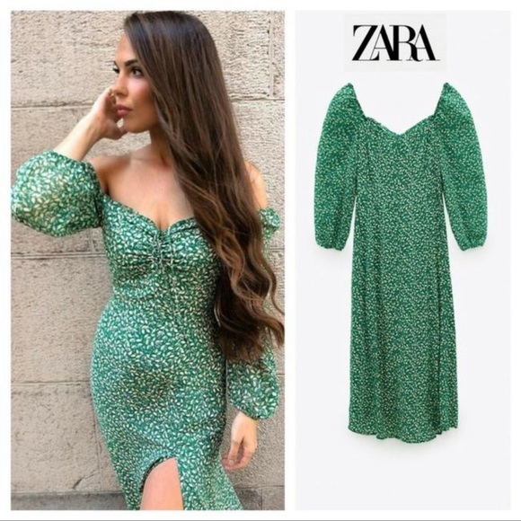NWOT Zara Green Botanical Leaf Print Sweetheart Off Shoulder Front Slit Dress - Picture 3 of 5